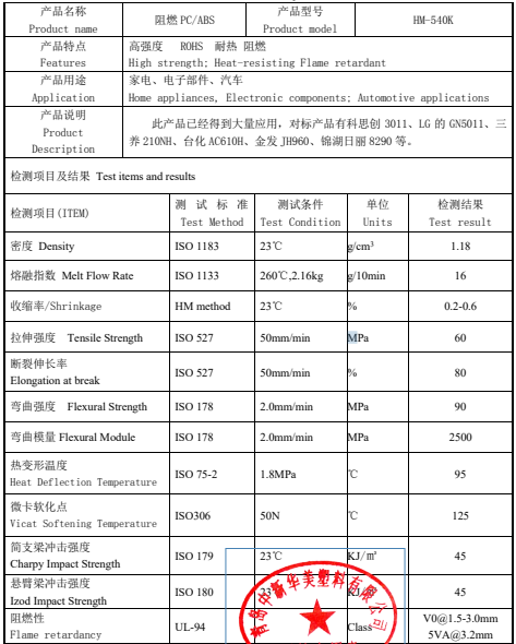 阻燃PC/ABS材料（HM-540K）物性表--中新华美改性塑料