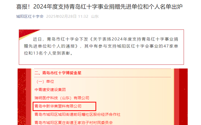 喜报！青岛中新华美塑料有限公司荣获“青岛市红十字博爱金星”奖