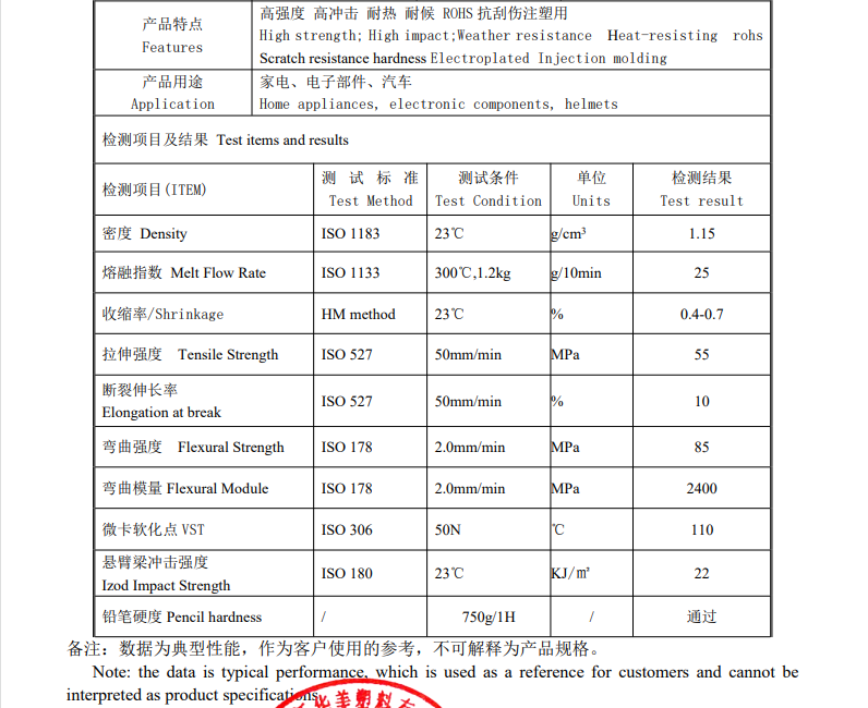 汽车轮毂用改性PC合金材料物性表